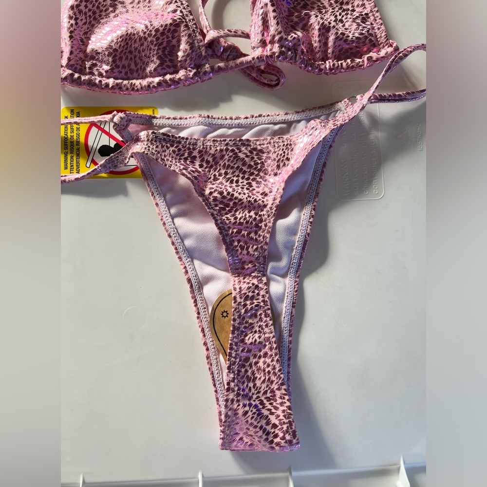 Pink Animal Print Halter Thong Bikini Set - Picture 4 of 10
